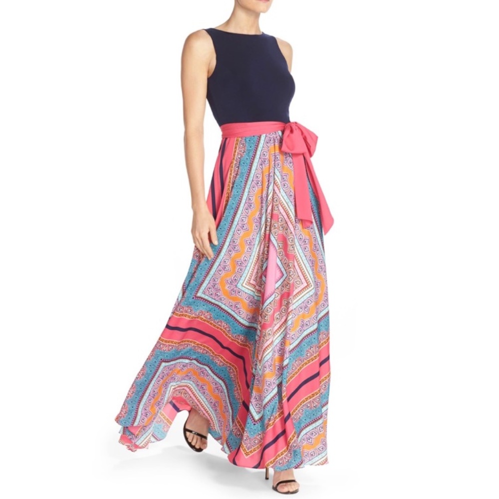 Eliza J Blue & Pink Jersey Scarf Print Maxi Dress